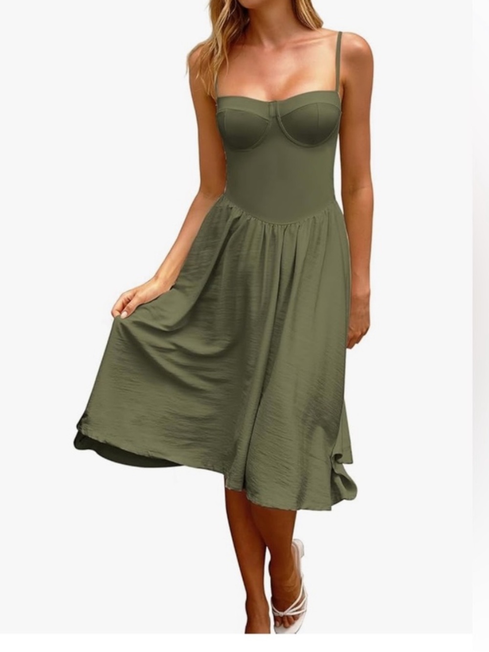 NWT CHYRIII Olive Green Midi Dress - Elegant Strappy Sundress